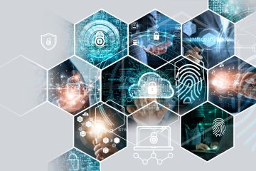 A collection of hexagonal images displays various digital security concepts, including locks, fingerprints, and cloud encryption, representing cybersecurity.
