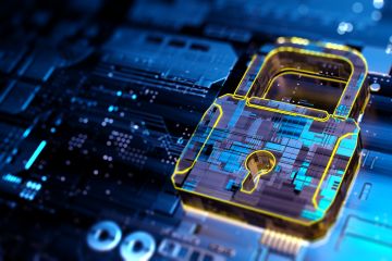Digital padlock on a blue circuit board representing cybersecurity and data protection.